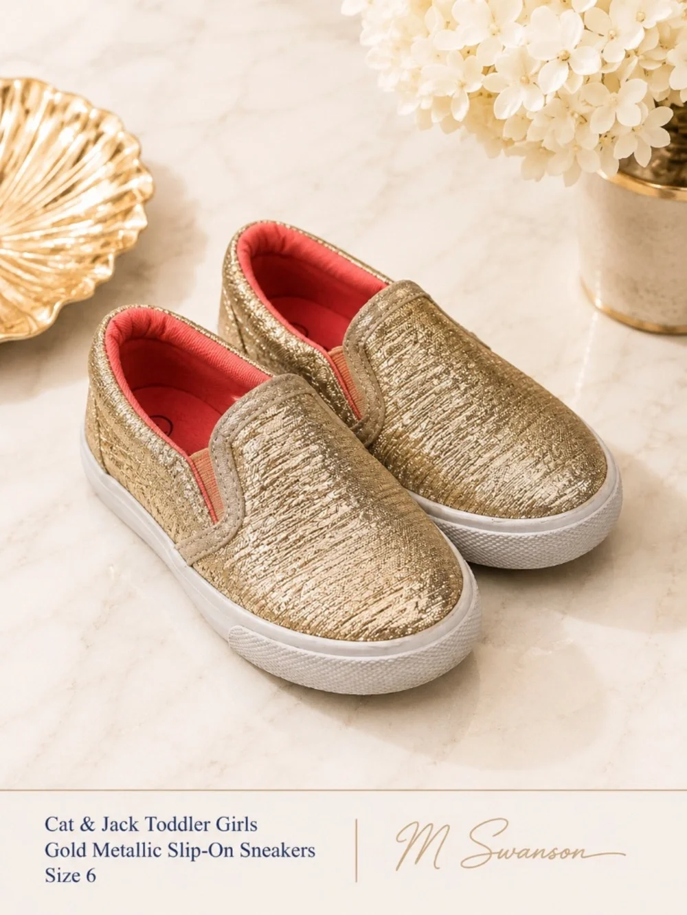 Cat & Jack Toddler Girls Gold Metallic Slip-On Sneakers Size 6